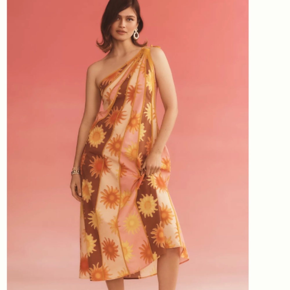 FARM Rio One-Shoulder Midi Dress in Pink, Brown & Yellow Sunburst Print